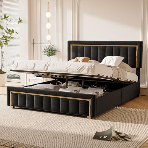 Doppelbett für Erwachsene mit integriertem Stauraum aus Samt – elegantes Bett mit verstärktem Rand, verstärkte Struktur, 250 kg – modernes Design für kleine Schlafzimmer (Schwarz, 160 x 200 cm) von Générique