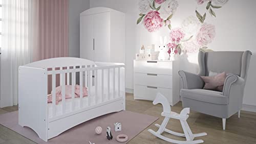 Générique Babyzimmer: Kleiderschrank mit 2 Türen + Babybett 60 x 120 cm, mit Lattenrost + Kommode mit 3 Schubladen, Farbe: Weiß von Générique