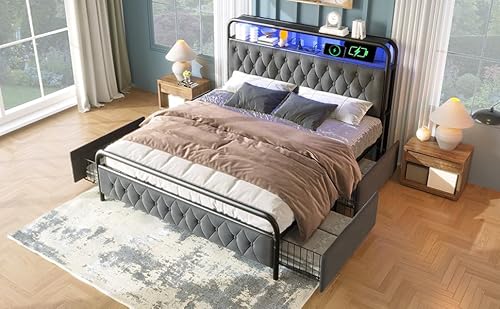 Générique Gepolstertes Doppelbett, Bettgestell aus Metall mit LED-Beleuchtung und USB-Ladekabel Typ C. und 4 Schubladen, Samt, ohne Matratze, für Erwachsene und Jugendliche, 180 x 200 cm, Grau von Générique