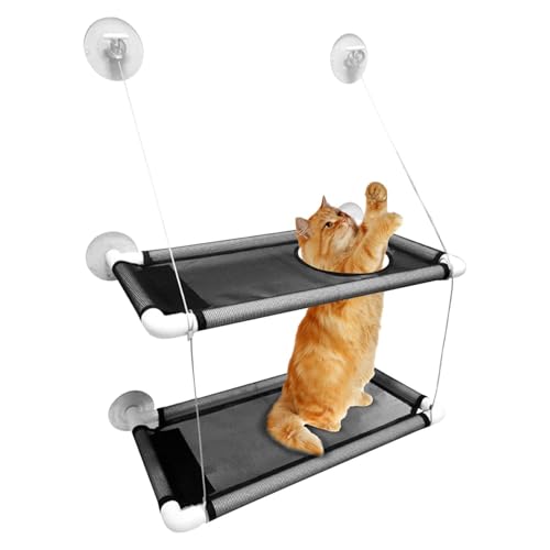 Katzenfenster-Hängematte – Doppelschichtiges Sitzstangenbett, Sitz auf Saugbecher montiert | Platzsparender Lounger, Ruheplattform für Haustiere von Générique