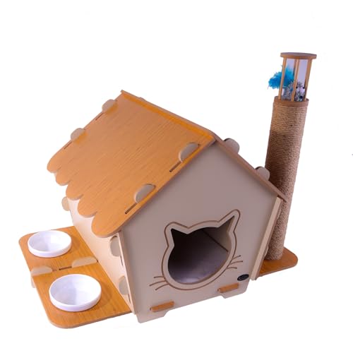 Katzenhaus 3 in 1 – Höhle mit waschbarem Kissen, Kratzbrett aus Jute, Spielzeug zum Aufhängen und 2 integrierten Näpfen – Holz MDF 8 mm – kompaktes Innendesign – 40 x 67 x 47 cm – einfache Montage Katzenhaus 3 in 1 – Höhle mit waschbarem Kissen, Kratzbrett aus Jute, Spielzeug zum Aufhängen und 2 integrierten Näpfen – Holz MDF 8 mm – kompaktes Innendesign – 40 x 67 x 47 cm – einfache Montage von Générique