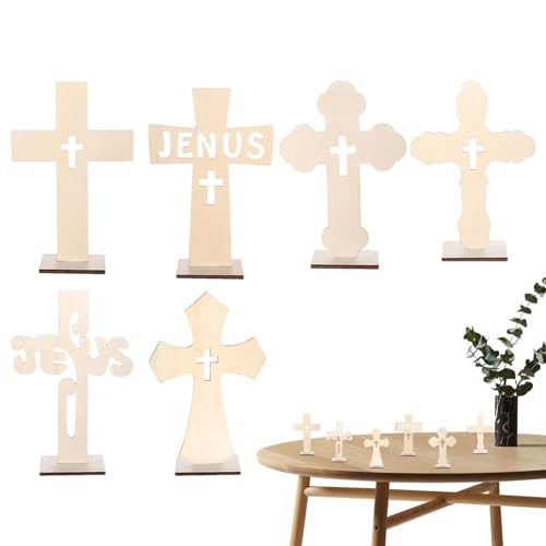 Kleine Holzkreuze für Tafelaufsätze – 6 Stück Holzkreuzhandwerk mit hohlem Design | rustikale Schreibtisch-Ornamente, dekorative Tischaufsätze mit Partyständer von Générique