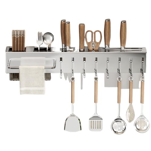 Mehrzweck-Küchenregal für mehrere Fabriken – 50 cm Küchenwerkzeughalter, selbstklebende Küchenschiene | Hold Utensilienhalter mit Haken, hängender Utensilienhalter aus Edelstahl zum Kochen Mehrzweck-Küchenregal für mehrere Fabriken – 50 cm Küchenwerkzeughalter, selbstklebende Küchenschiene | Hold Utensilienhalter mit Haken, hängender Utensilienhalter aus Edelstahl zum Kochen von Générique