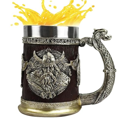 Panzertasse – Biertasse mit Fantasie-Thema | Resin Whisky Beer Tankard 600 ml | coole Kaffeetasse Wikinger aus Edelstahl, Whiskyfass, antikes Fass für die Dekoration von Générique