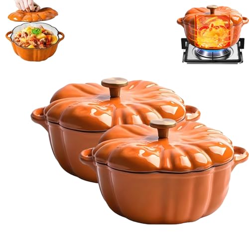1,5L Kürbis Holländischer Ofen Topf mit Deckel, 2 Stücke Schmortopf Emailliertem Gusseisen Süße Kürbisform, Antihaftbes Pfanne Kochtopf in Kürbisform, Kürbis kochtopf für Verschiedene Herdarten von Generisch