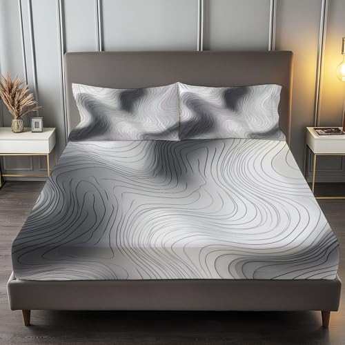 100% Mikrofaser- Atmungsaktiv Abstrakt Kurve Linie Spannbetttuch, Hellgrau Spannbettlaken mit tiefen Taschen, 140 x 200 cm Geeignet für Matratzen bis 30 cm von Generisch