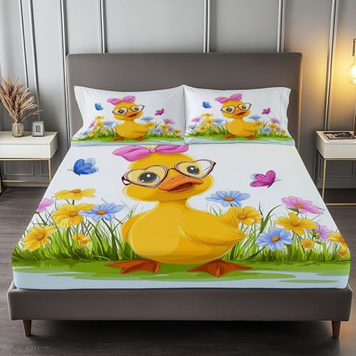 100% Mikrofaser- Atmungsaktiv Niedlich Tier Ente Spannbetttuch, Blau Spannbettlaken mit tiefen Taschen, 140 x 200 cm Geeignet für Matratzen bis 30 cm von Generisch