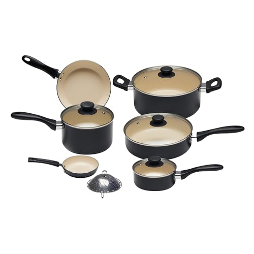 11 Piece Ceramic Non-Stick PFOA and PTFE Free Cookware Set - Black/Cream von Generisch