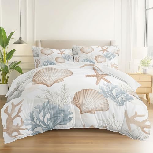 135 x 200 cm 2teilig Bettwäsche Sets mit 1 Kopfkissenbezüge 80 x 80 cm Linien Muscheln Korallen Seesterne Stil Mikrofaser Bettbezug mit Reißverschluss für Kinder Und Erwachsener, Weiß von Generisch
