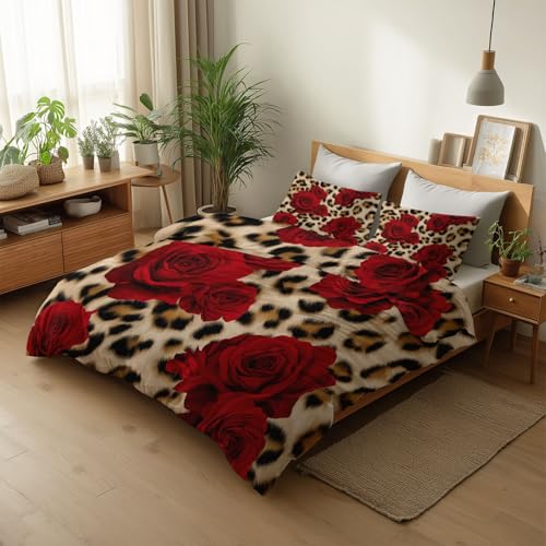 135 x 200 cm Bettbezug 2-teiliges, Bettwäsche-Sets Gelb aus Mikrofaser, Weich Blumen Rote Rosen Leopardenmuster Muster Wende Bettwäsche mit Reißverschluss von Generisch