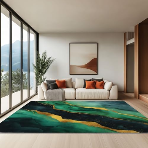 140 x 200 cm Teppich Wohnzimmer Waschbarer, Abstrakt Marmor Goldener Gesalzener Fisch Kurzflor-Teppich – Weich Rutschfestes Design für Schlafzimmer Esszimmer Küchen, Dunkelgrün von Generisch