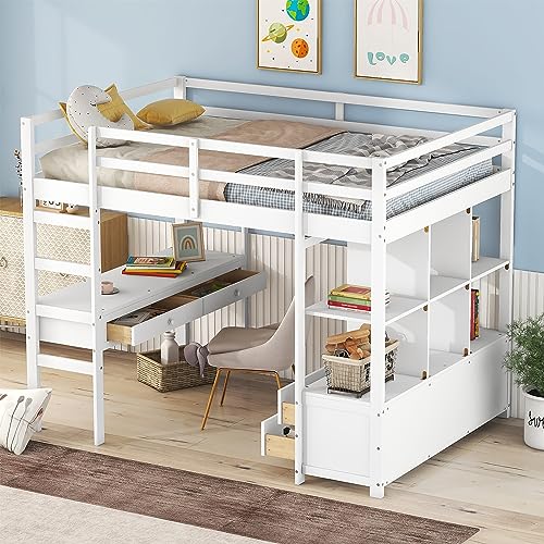 140x200cm Hochbett für Kinder mit integriertem Schreibtisch, 6 Schubladen, Sicherheitsgeländer & massivem Kiefernholz – Platzsparendes Multifunktionsbett in Weiß von Generisch
