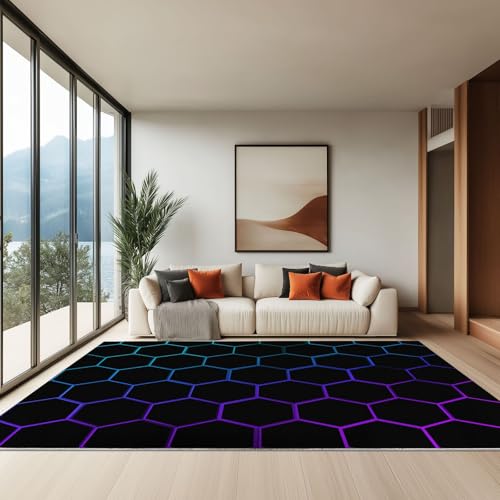 160 x 230 cm Teppich Wohnzimmer Waschbarer, Geometrisch Sechsecke Neonlichter Kurzflor-Teppich – Weich Rutschfestes Design für Schlafzimmer Esszimmer Küchen, Schwarz von Generisch