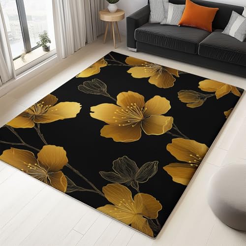 160 x 230 cm Teppich Wohnzimmer Waschbarer, Luxus Goldene Kirschblüten Kurzflor-Teppich – Weich Rutschfestes Design für Schlafzimmer Esszimmer Küchen, Schwarz von Generisch