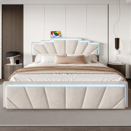 160x200CM Modernes Polsterbett Elegantes Design mit einzigartigem trapezförmigem Kopfteil, integrierter -Lichtleiste & 2-facher Höhenverstellung, USB Type-C Anschluss, 2 geräumige Schubladen für von Generisch