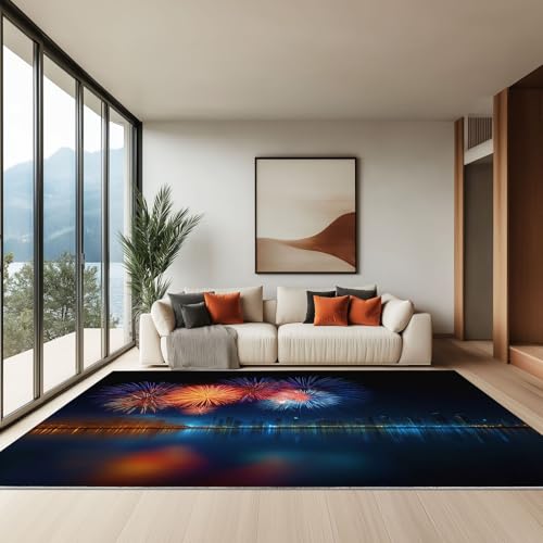 180 x 240 cm Teppich Wohnzimmer Waschbarer, Feuerwerk Zur Skyline Der Stadt Kurzflor-Teppich – Weich Rutschfestes Design für Schlafzimmer Esszimmer Küchen, Schwarz von Generisch