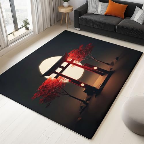 180 x 240 cm Teppich Wohnzimmer Waschbarer, Japanisch Tor Pflanzen Kurzflor-Teppich – Weich Rutschfestes Design für Schlafzimmer Esszimmer Küchen, Schwarz von Generisch