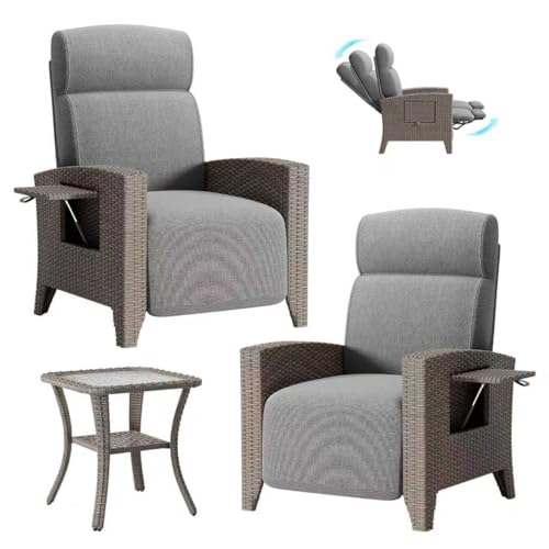 2 Rattan Gartensessel Set, Relaxliegen mit Verstellbarer Rückenlehne, Sitzkissen, Balkontisch und Abdeckung,Gartenmöbel Liegen (2*Dunkelbraun (r)+Couchtisch) von Generisch