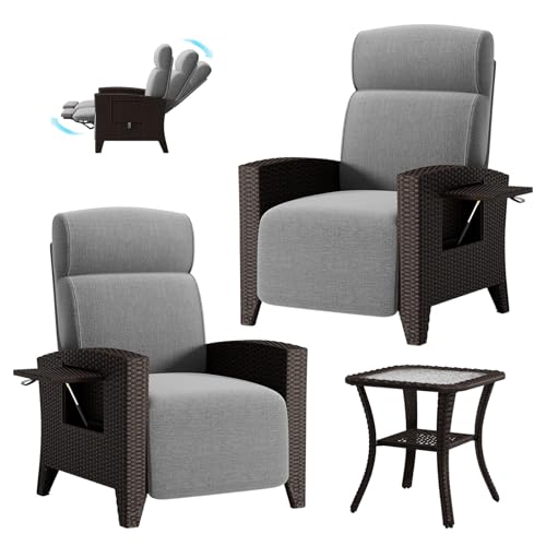2 Rattan Gartensessel Set, Relaxliegen mit Verstellbarer Rückenlehne, Sitzkissen, Balkontisch und Abdeckung,Gartenmöbel Liegen (Dunkelbraun(l+r)+Couchtisch) von Generisch