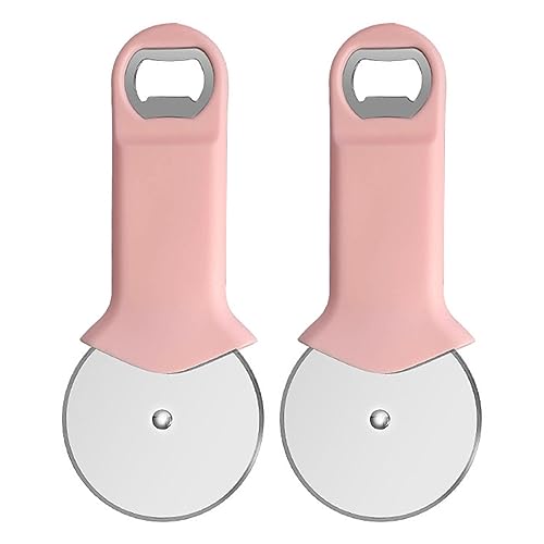 2 Stück Pizzaschneider mit Flaschenöffner, Hochwertige Pizza Schneidemesser Pizzaroller aus Edelstahl, Handlicher Pizza Cutter Pizzamesser, Bierflaschenöffner Metall Pizzaschneiderad (Rosa) von Generisch