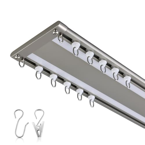 2‑läufige Metall‑Gardinenstange Vorhangschiene Decke 1-6m Geräuscharm Gardinenschiene Unsichtbar Vorhangstange For Raumteiler, Gazebo/Duschraum/Schlafzimmer(Champagne,5.8m) von Generisch