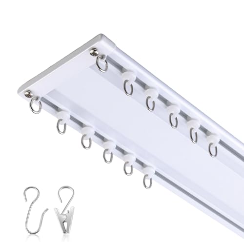 2‑läufige Metall‑Gardinenstange Vorhangschiene Decke 1-6m Geräuscharm Gardinenschiene Unsichtbar Vorhangstange For Raumteiler, Gazebo/Duschraum/Schlafzimmer(Weiß,1.9m) von Generisch