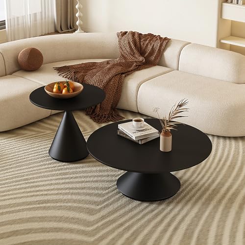 2-teiliges modernes Couchtisch-Set für Wohnzimmer, runder Couchtisch mit Metallfuß, Beistelltische aus Holz für Wohnzimmer, Schlafzimmer (schwarz, 50-80 cm) von Generisch