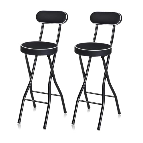 2 x Klappbarer Barhocker mit Rückenlehne für Erwachsene Runde Hochstühle für Camping Büro Wohnzimmer Badezimmer Garten - Schwarz 70cm Sitzhöhe (69.8cm) von Generisch