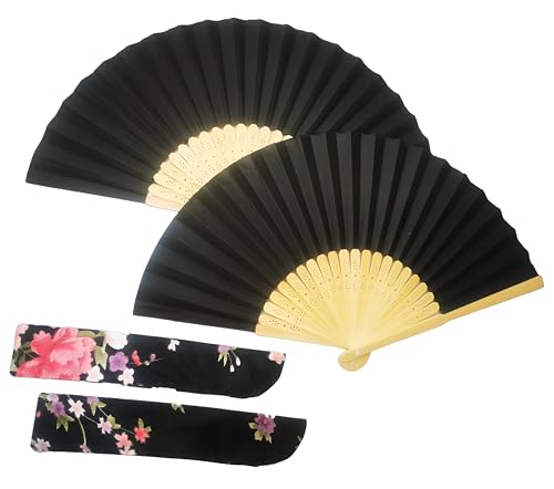 Generisch 2 Handfächer mit Etui, Papier- und Bambusfächer mit Schnitzereien, zur Abkühlung im Sommer, für Hochzeiten und Karneval von WOO LANDO