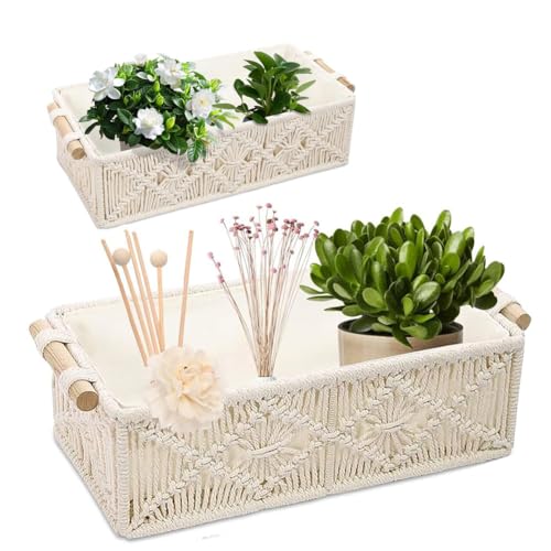 2er Makramee Aufbewahrungskörbe Dekor Box, Aufbewahrungskorb Geflochten, Boho mit Griffen, Handgemachte Gewebte Dekorative Arbeitsplatte Regal Schrank Organizer für Snacks Aufbewahren, Brotkorb (Weiß) von Generisch