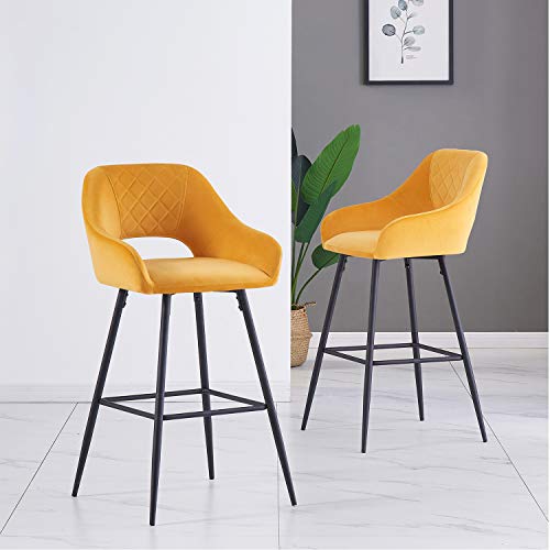 2er Set Barhocker Samt mit Rückenlehne & Fußstütze Metallbeine Moderne Polsterstühle für Küche Esszimmer Bistro (Gelb) von Generisch