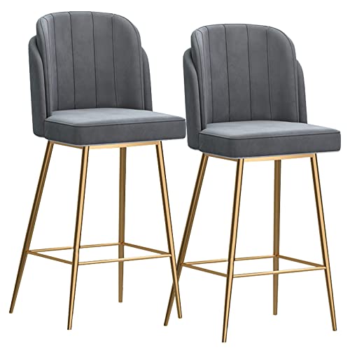 2er Set Barhocker aus Samt mit Rückenlehne und Fußstütze Moderne Hochstühle für Bar/Kaffeeküche/Wohnzimmer, Grau/Goldbeine von Generisch