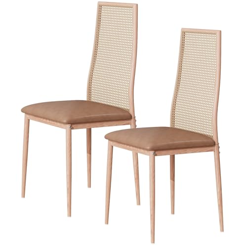 2er Set Esszimmerstühle mit Verstellbare Metallbeine, Handgefertigte Rattan-Rückenlehne Essstühle, Polsterstuhl Esstisch Stühle Esszimmer Schminktisch Stuhl Küchenstuhl Wohnzimmerstuhl Holzfarbe von Generisch