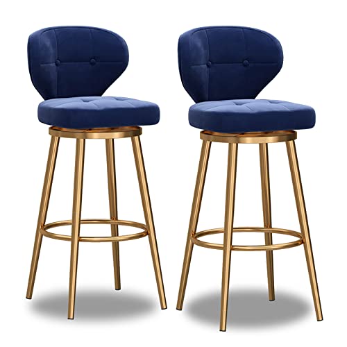 2er Set Moderne Samt Drehbar Barhocker Thekenhöhe Stühle mit Rückenlehne & Gold Basis Ideal für Kücheninseln Bistro Cafés Blau Gepolstertes Design von Generisch