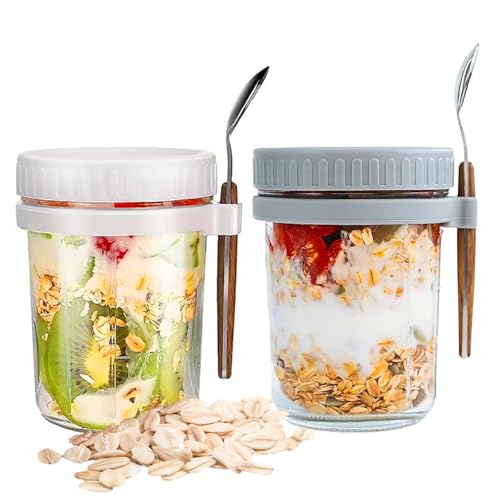 2 Pack Overnight Oats Gläser mit Deckel & Löffel, 350ml Einmachgläser mit Schraubdeckel Meal Prep Gläser für Hausgemachte Marmelade Messmarken Luftdicht Behälter für Jogurt Müsli Salat Früchte von Generisch