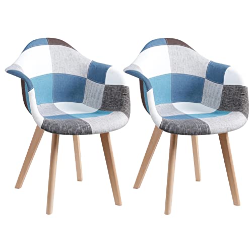 2er Set Patchwork Leinen Esszimmerstühle Stilvolle Sessel für Esszimmer Wohnzimmer Café Home Decor (Blau) von Generisch