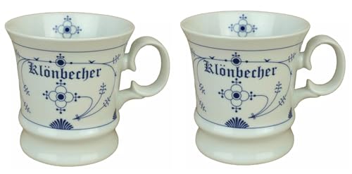 2er Set Porzellan Becher Indisch Blau - Klönbecher - Kapitänsbecher maritim Strohblume 350ml Kaffeebecher von Generisch
