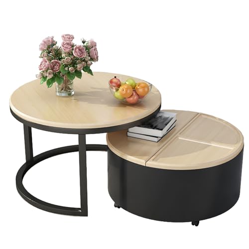2er Set Runde Couchtische auf Rädern Platzsparende Wohnzimmertische Home Office Möbel Ausgewähltes Stahlgestell Stilvolle Aufbewahrung mit Flip-Top-Design (Natur) von Generisch