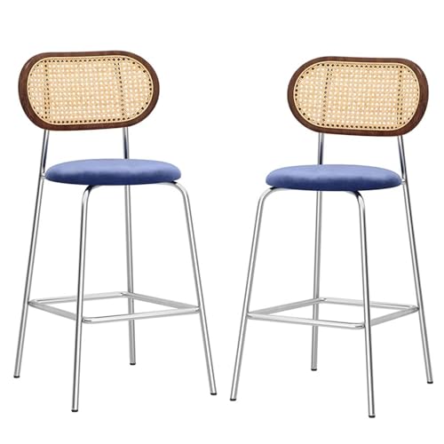 2er Set Samt gepolsterte Barhocker mit Rattan-Rückenlehne und Fußstützen, hohe Stühle für Esszimmer, Frühstücksbar von Generisch