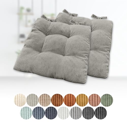 2er Set Sitzkissen 40x40x6cm Polster Auflage Gemütliche Stuhlkissen mit Bindebänder Sitzpolster Stuhlauflage Sitzpolster für Gartenstuhl Küche oder Esszimmer Quadrat Cordstoff GrauGrau(Aa) von Generisch