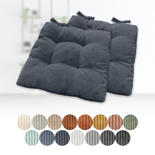 2er Set Sitzkissen 40x40x8cm Polster Auflage Gemütliche Stuhlkissen mit Bindebänder Sitzpolster Stuhlauflage Sitzpolster für Gartenstuhl Küche oder Esszimmer Quadrat Cordstoff Graublau(bb) von Generisch
