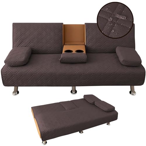 2er Set Wasserdicht Click Clack Sofa-Bettbezug Gesteppt Cabrio Faltbarer Futonbezug für 3-Sitzer-Sofa 2 Abnehmbare Armlehnen 1 Getränkehalter Dunkler Kaffee von Generisch