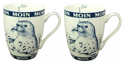 2er Set maritime Becher - Moin Moin Seehund - Ebbe Flut 300ml Porzellan Kaffeebecher maritimes Motiv Tasse (1252) von Generisch