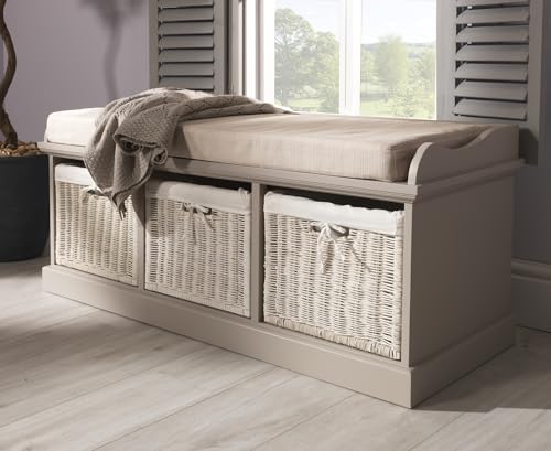 3-Sitzer-Aufbewahrungsbank mit gepolstertem Sitz und 3 Weidenkörben, komplett montiert, stilvolle Flurmöbel in Grau, Trüffel und Salbeigrün, 112 cm breit, 40 cm tief, 46 cm hoch 3-Sitzer-Aufbewahrungsbank mit gepolstertem Sitz und 3 Weidenkörben, komplett montiert, stilvolle Flurmöbel in Grau, Trüffel und Salbeigrün, 112 cm breit, 40 cm tief, 46 cm hoch von Generisch