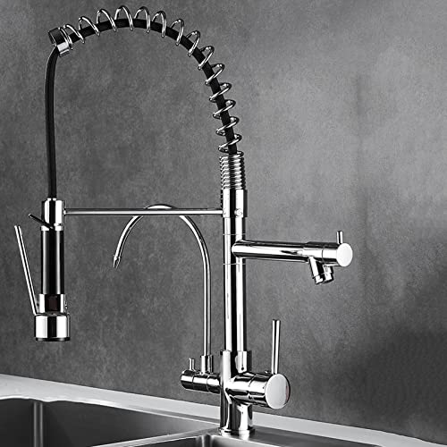 3-Wege-Küchenarmatur, gebürstetes Messing, 3-in-1 drehbarer Auslauf, Warm- und Kaltwassermischer, langlebiger Trinkwasserhahn, multifunktionaler Küchenspüle-Wasserhahn von Generisch