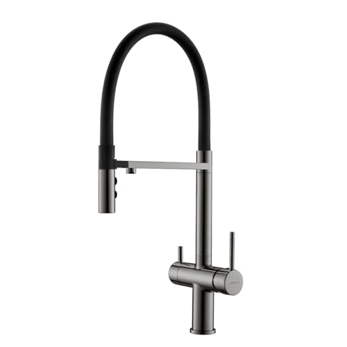 3-Wege-Küchenarmatur mit Wasserfilter, grauer Spültischmischer mit Doppelgriffen & Sprühpistole, Trinkwasserhahn für Küchenspüle, stilvolles Design von Generisch