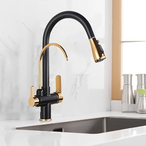 3 Wege ausziehbare Küchenarmatur mit Wasserfilter, Messing-Küchenmischbatterie, 2 Griff-Dreharmaturen, stilvolles schwarz-goldenes Design, perfekt für moderne Küchen. von Generisch