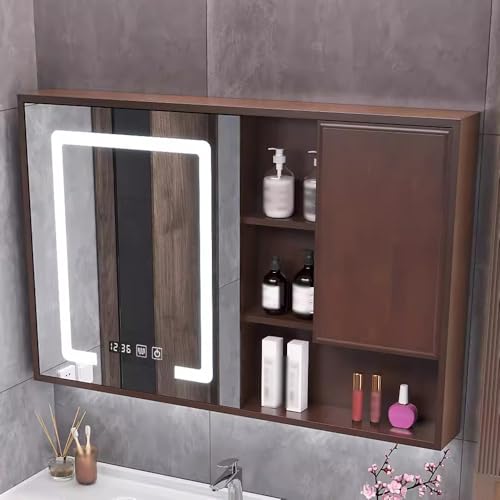 3-in-1 LED-Badezimmer-Spiegelschrank mit Uhr und Temperaturanzeige, Massivholz, Anti-Beschlag-Wandmontage, Kosmetikspiegel, einfache Installation für stilvollen Badraum 3-in-1 LED-Badezimmer-Spiegelschrank mit Uhr und Temperaturanzeige, Massivholz, Anti-Beschlag-Wandmontage, Kosmetikspiegel, einfache Installation für stilvollen Badraum von Generisch