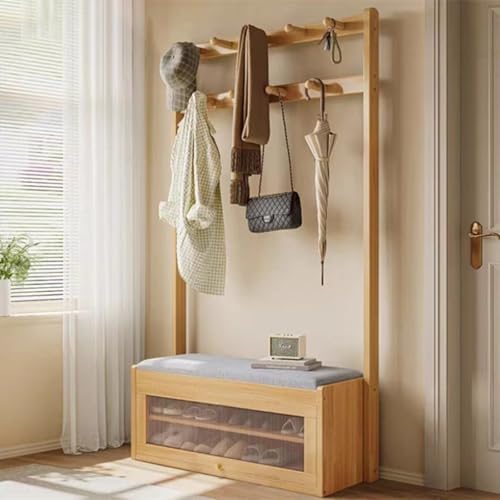 3-in-1-Massivholzgarderobe & Schuhbank, freistehender Eingang mit 9 Haken, 2-stöckige Aufbewahrungsregale, max. 100 kg Kapazität (Beige, 61 cm) von Generisch