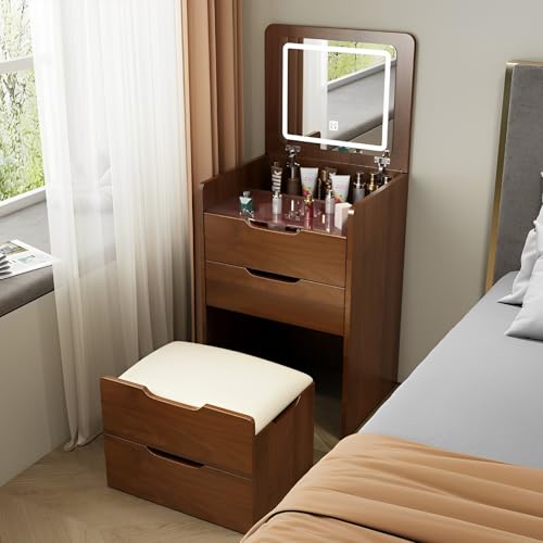 3-in-1 Schminktisch aus Walnussholz, mit aufklappbarem Spiegel und LED-Lichtern, integrierter Schminktisch mit verstecktem Ottomane & Nachttisch Aufbewahrungsschrank für kleine Räume – 48 cm von Generisch